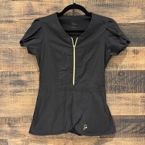 XS Jannuu Black Peplum Scrub Top with Gold Zipper Detail
